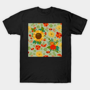 Autumn pattern with sunflowers and berries on light green T-Shirt